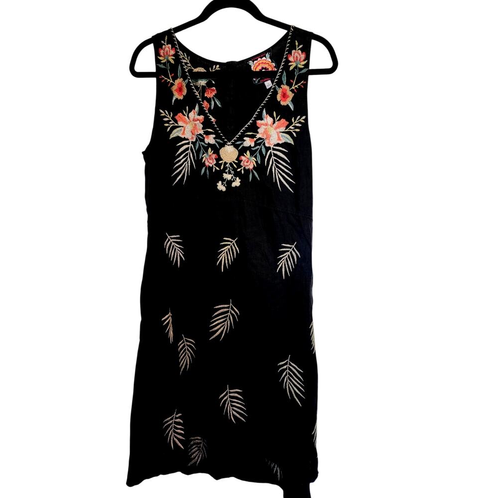 Johnny Was Black Linen Embroidered Dress Small Sleeveless High Low Hem